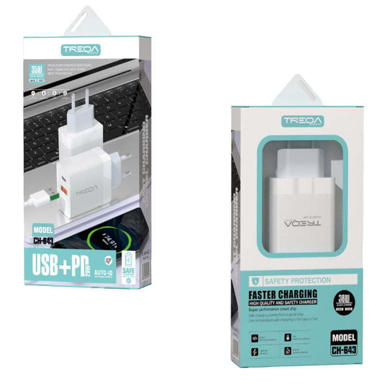 Treqa Φορτιστής με Θύρα USB-A και Θύρα USB-C και Καλώδιο Lightning 20W Power Delivery Λευκός (CH-643)