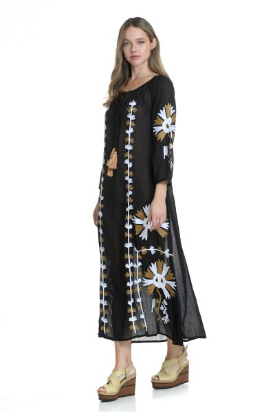 MiandMi Μακρύ καφτάνι με καφέ κέντημα k.54076 black