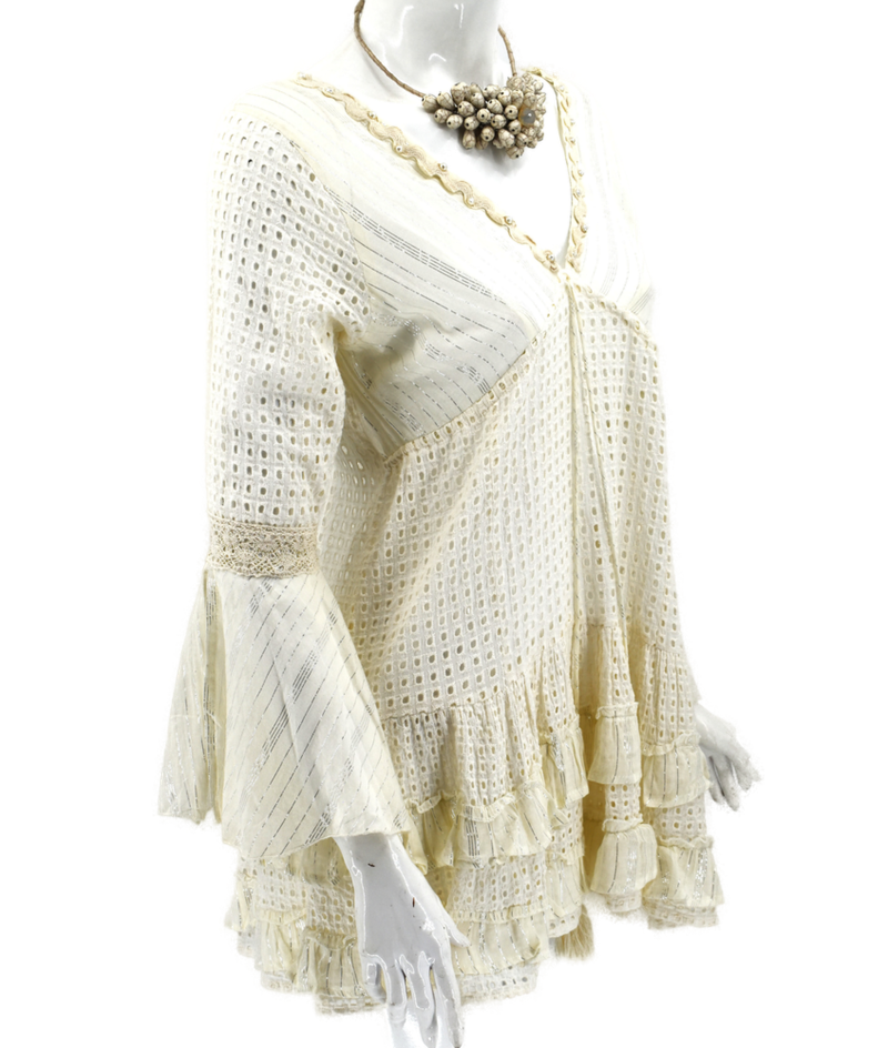 Καφτάνι κεντητό διάτρητο με βολάν μίνι σε ivory  Verde  k.56-20 - Image 2