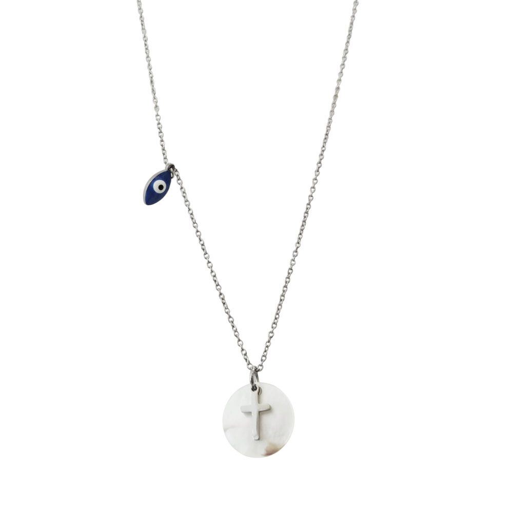 Σταυρος Απο Ανοξείδωτο Ατσάλι Με Κρεμαστό Φλουρί Απο Φίλντισι Και Ματάκι  Κ: A31013