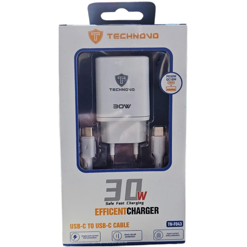 Technovo TN-F043 Φορτιστής θύρες 1x USB και 1x Type-c 30w με Καλώδιο Type-c to Type-c σε Λευκός Λευκό Wall Adapter